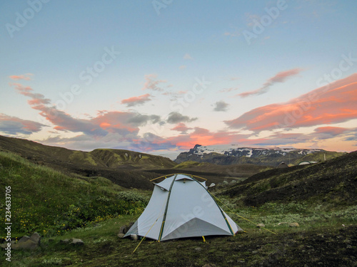 Botnar-Ermstur campsite and sunset above volcanic landscape, Laugavegur Trail from Thorsmork to Landmannalaugar, Higlands of Iceland, Europe photo