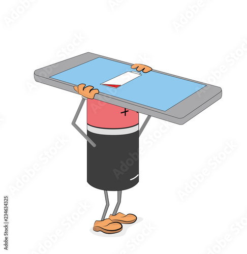 A battery in the form of a little man carries a  phone. vector illustration.