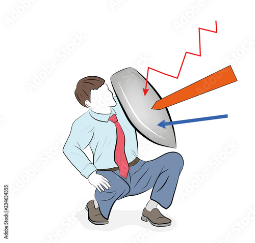 Business concept vector illustration of a businessman defending himself with a shield. Risk, courage, leadership in business concept
