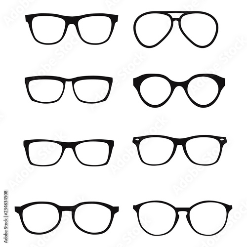 A set of glasses isolated. Vector glasses model icons. Sunglasses, glasses, isolated on white background. Silhouettes. Various shapes - stock illustration.
