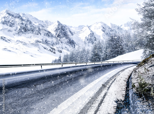 Winter road of free space and snowflakes decoration. 