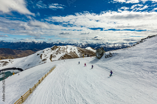 New Zealand mountain panorama and ski slopes as seen from Coronet Peak ski resort, Queenstown