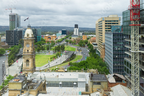 Adelaide, AUSTRALIA - Nov 21, 2018: Victoria Square historical centre of South Australian Capital city with old iconic building and new construction sites high view urban cityscape  photo