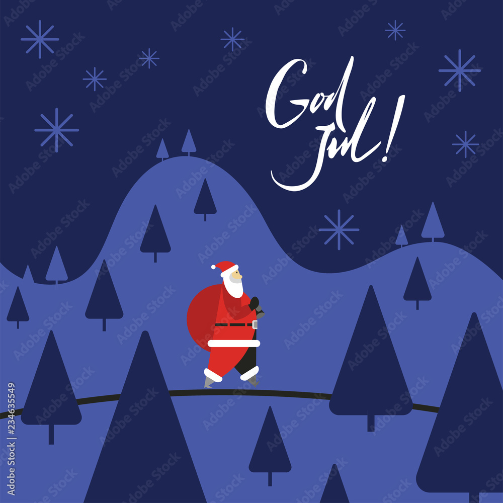 God Jul, which is swedish or norwegian and means Merry christmas and Happy new year 2019 with santa claus.