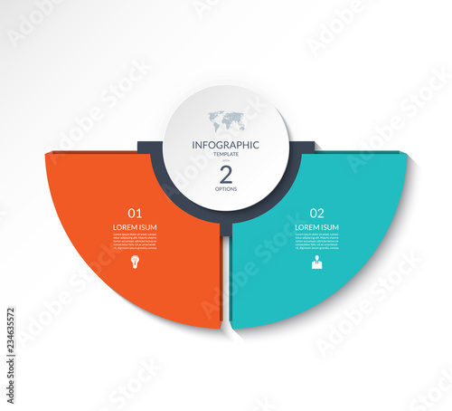 Business infographic semi circle template with 2 options. Can be used as a chart, workflow layout, diagram, data visualization, minimalistic web banner.