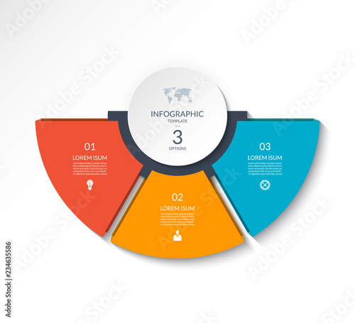 Business infographic semi circle template with 3 options. Can be used as a chart, workflow layout, diagram, data visualization, minimalistic web banner.