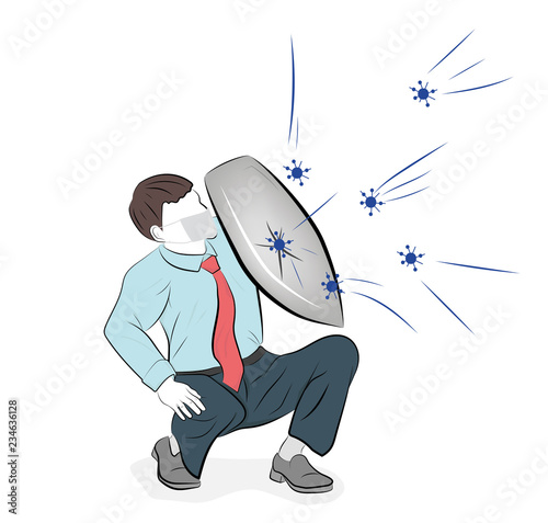 man stands with a shield. protected from viruses. concept of protection against diseases. vector illustration.