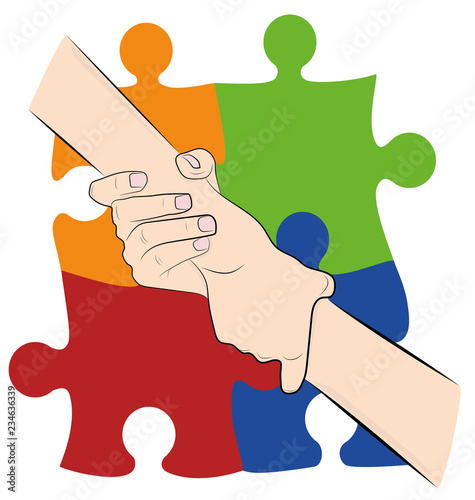 hand holding hand on the background of colored puzzles. autism symbol. World Autism Day. vector illustration.