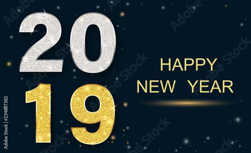 Happy New Year 2019 greeting card with shiny figures.