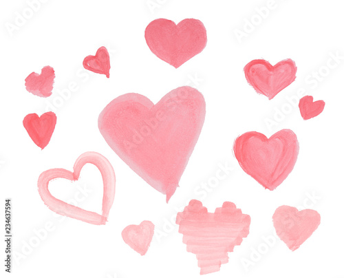 various hand painted red watercolor hearts isolated on white background