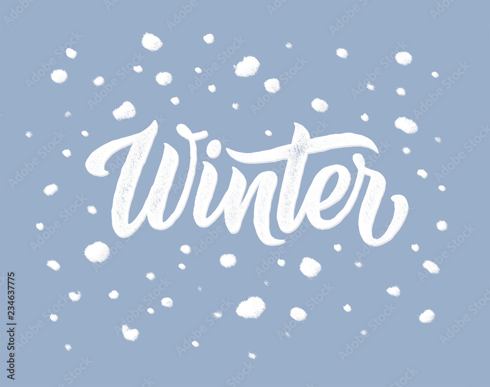 Winter background with Winter calligraphic text and snow. Typography poster, card, logo for print and web. Vector winter illustration. EPS10.