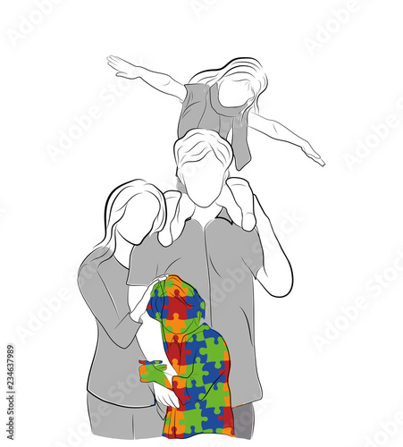 family with autistic child. World Autism Day. vector illustration.
