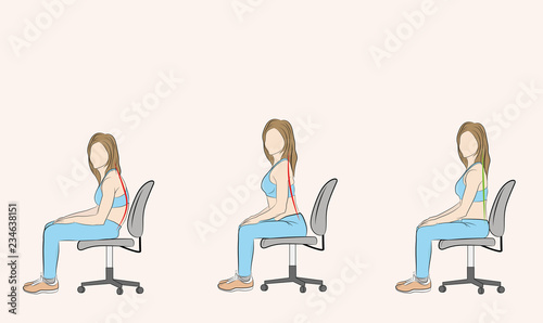 correct and incorrect posture when sitting on a chair. medical recommendations. vector illustration.