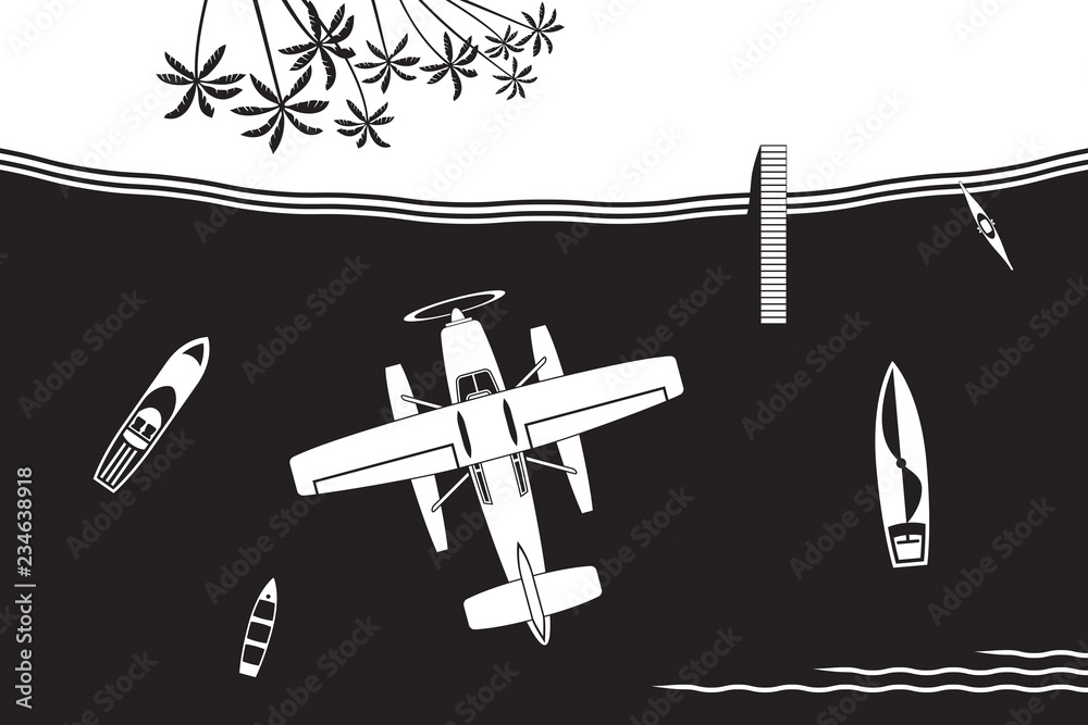 Seaplane flying to island in the sea - vector illustration Seaplane flying to island in the sea - vector illustration