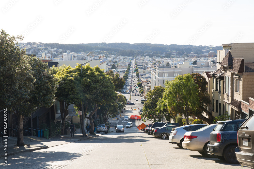 cityscape and urban concept - view of san francisco city street