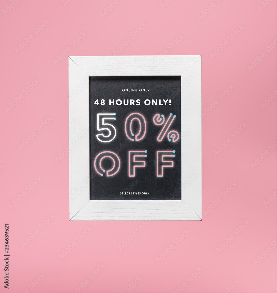 Fototapeta shopping blackboard in white frame isolated on pink with 50 percents off sale