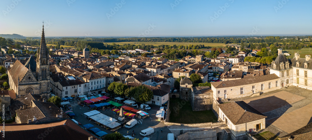 Aerial view, France, the renaissance castle, Cadillac in Gironde, filmed by drone