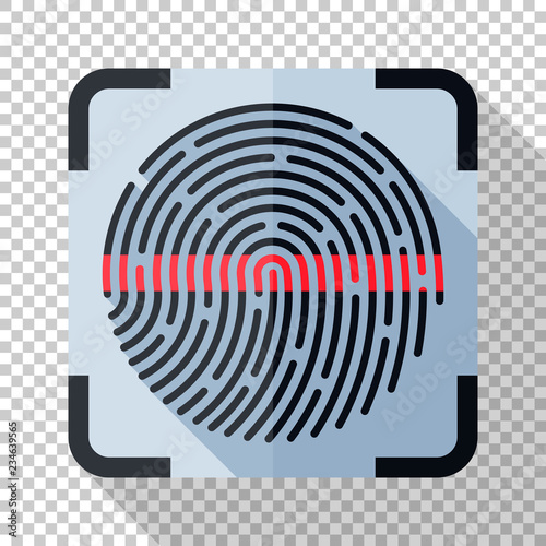 Fingerprint scanning icon in flat style with long shadow on transparent background