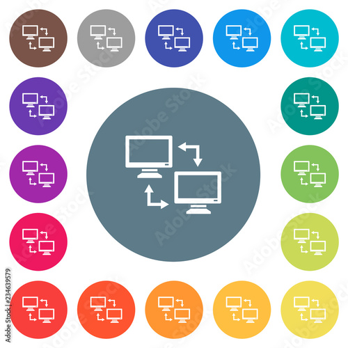 Data syncronization flat white icons on round color backgrounds