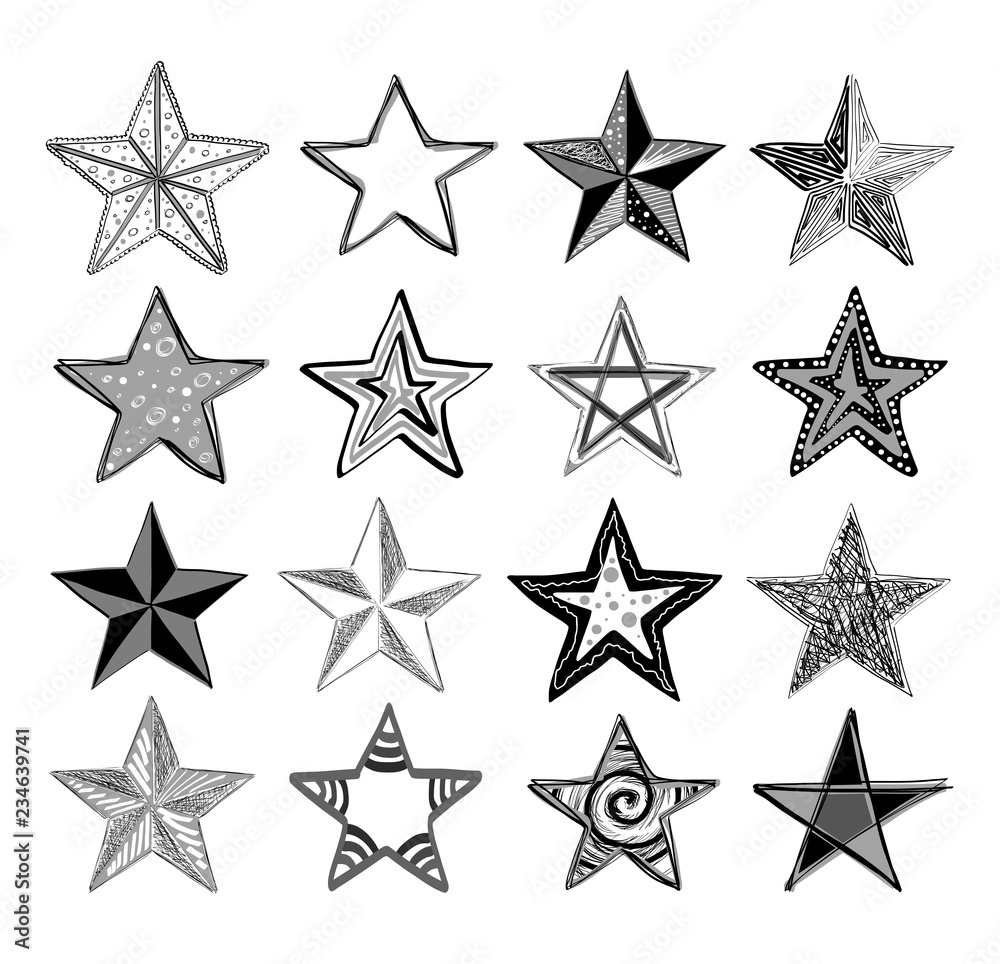 Vector collection of hand drawn doodle stars.