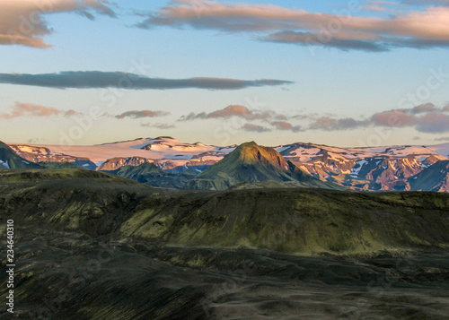 Epic sunset above Eyjafjallajokull and Myrdalsjokull landscape, Katla caldera, Botnar-Ermstur, Laugavegur Trail, southern Iceland