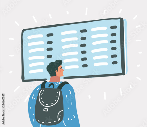 Young man with backpack near flight timetable