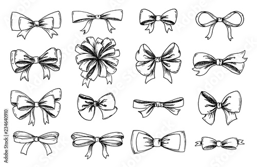 Vector hand drawn collection of lush bows and confetti. Vintage decoration for traditional holidays and gift boxes. Concept illustration.