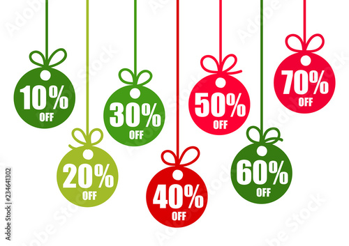 Set of discount tags 10,20,30,40,50,60,70 percent off in the shape of Christmas balls in traditional colors. Winter holiday discount offer. Vector illustration.