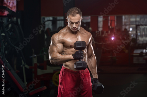 handsome man with big muscles trains in the gym, exercises © romanolebedev