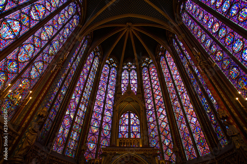 Stained glass windows inside the Sainte Chapelle in Paris, France