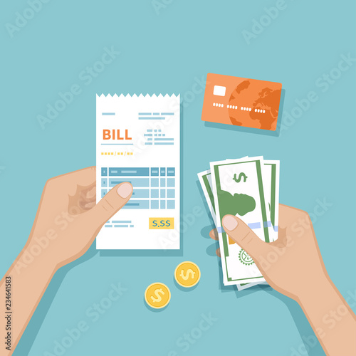 Man hands with bill, cash money, coins, credit card. Illustration purchase, shopping, check, receipt, invoice, order. Paying bills. Payment of goods, service, utility, restaurant. Vector