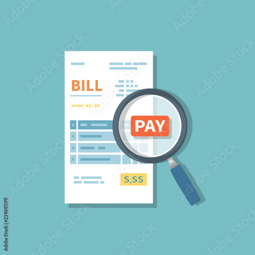 Magnifying glass above bill inspects the payment. Studying paying bill. Paying goods, service, utility, restaurant. Invoice, check, receipt sign. Paper financial symbol in flat style.  Vector isolated photo