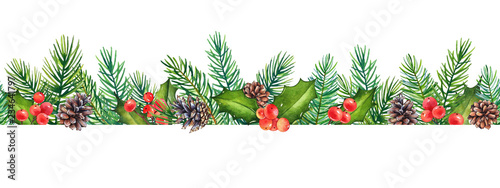 Seamless pattern with Christmas watercolor floral elements. Branches of holly and pine tree with cones on white background.
