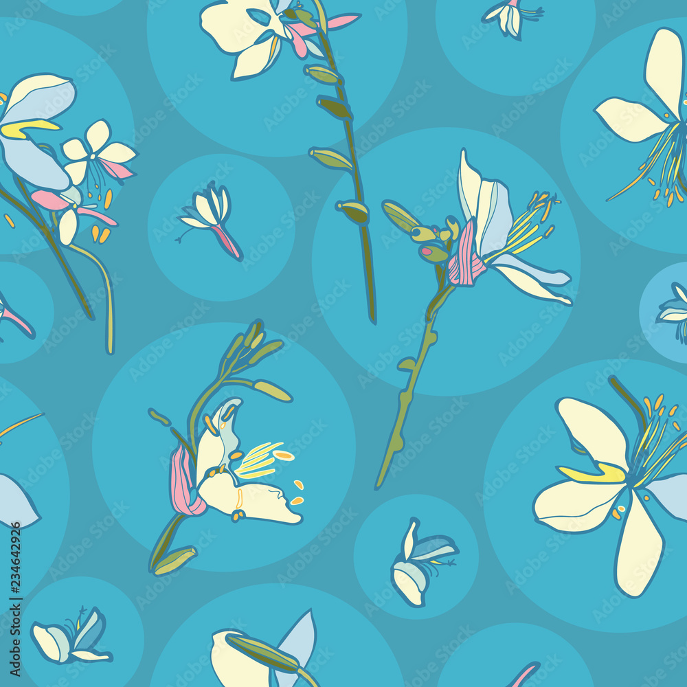 Japan inspired floral seamless vector pattern with lily. Surface pattern design.