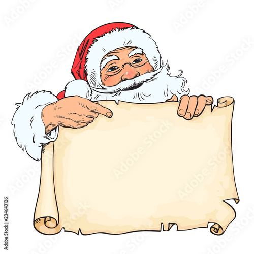 Cartoon Santa Claus pointing to blank, empty scroll with place for text. Vintage Santa peeping from behind old paper. Christmas ,new year design. Sketch style hand drawn vector.
