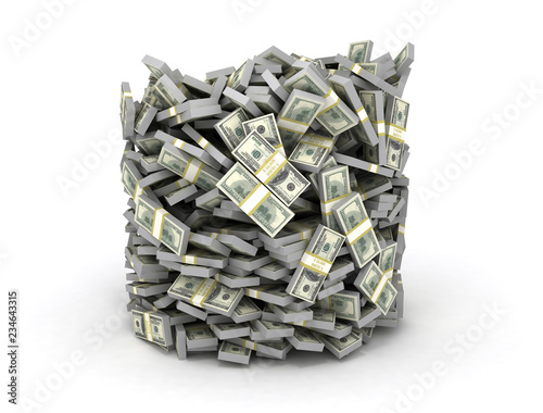 Tubes form stacked us dollars isolated on white background. Bucket of cash