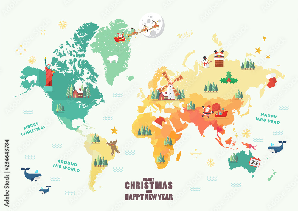 Obraz premium World Map with Christmas elements