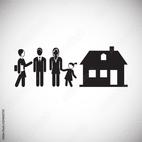 Real estate agent deal with family on white background icon