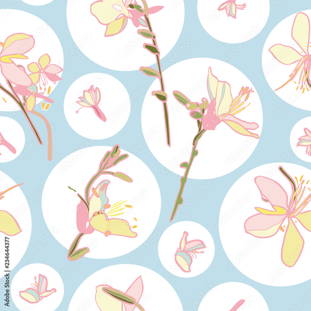 Japan inspired floral seamless vector pattern with dot and lily. Surface pattern design.