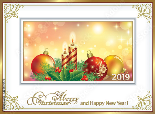 Merry Christmas and New Year 2019. Christmas card with balls and candles and with branches of spruce and rowanberry
