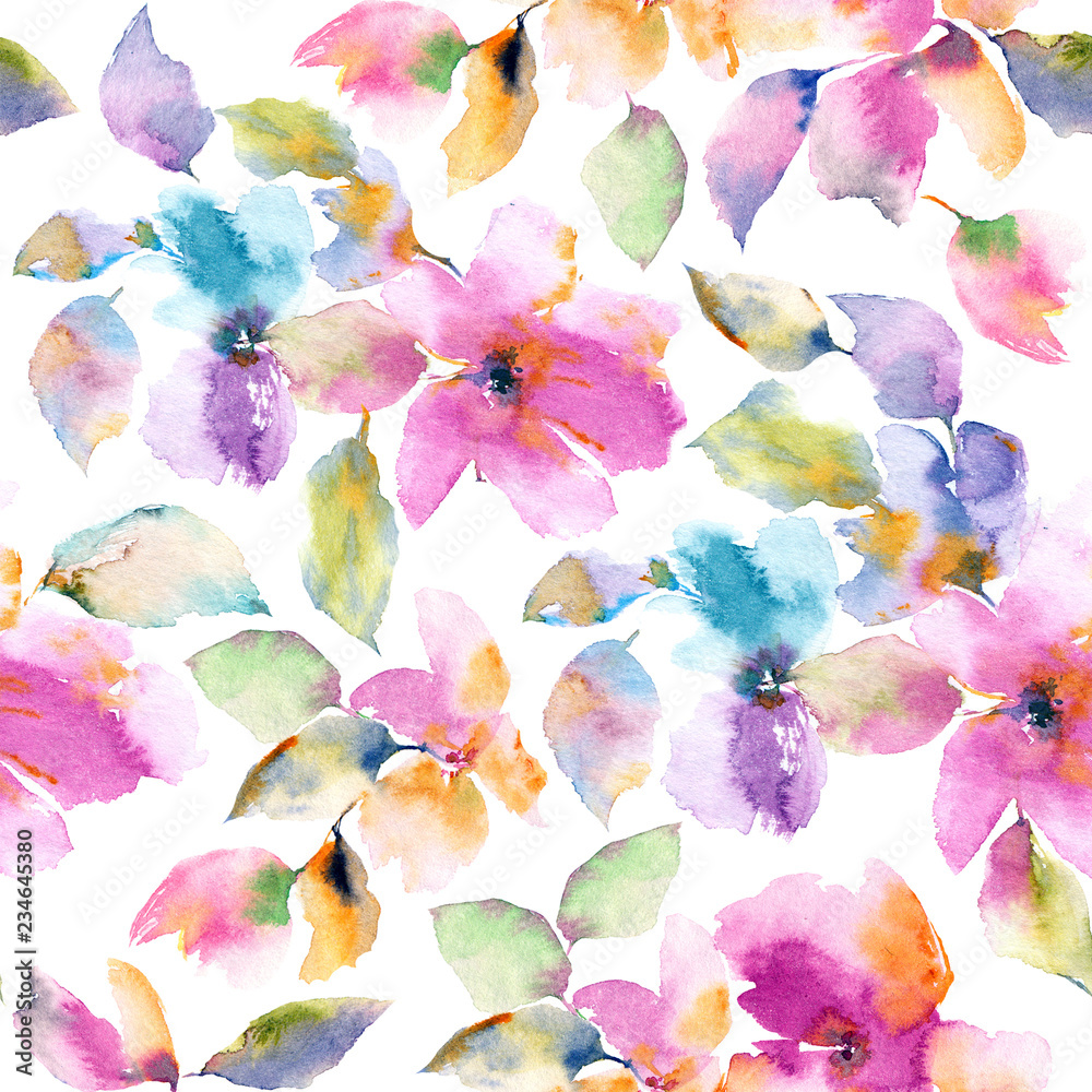 Watercolor Flower Pattern. Seamless Pattern. Bright Flowers