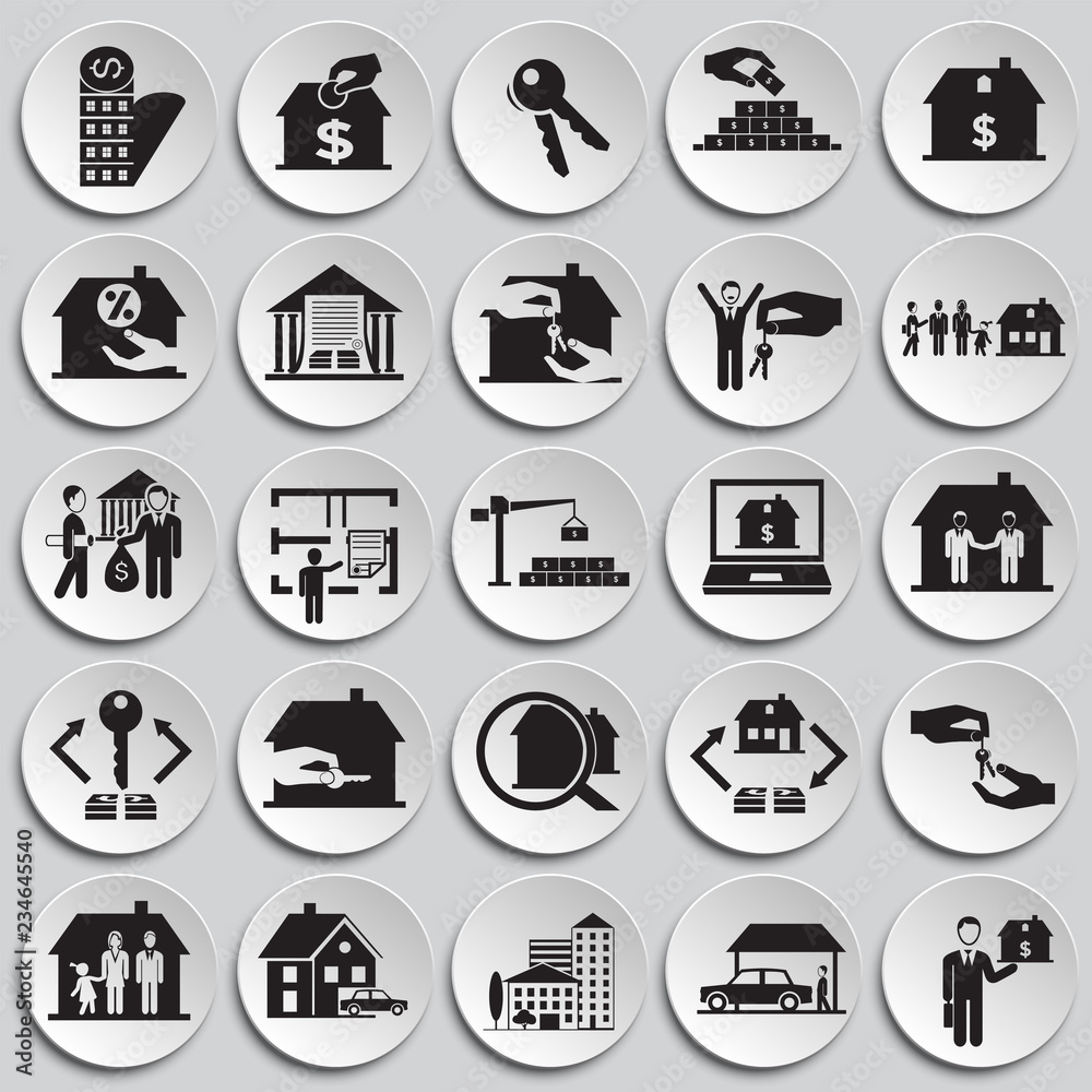 Real estate and mortgage set on plates background icons Real estate and mortgage set on plates background icons