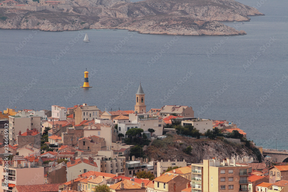 City on coast of sea gulf. Marseille, France