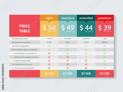 Web pricing table design for business .Vector illustration.