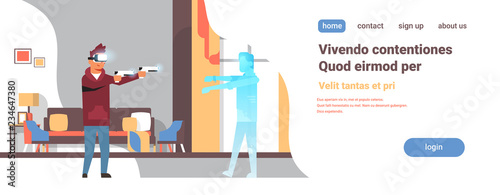 man wear digital glasses hold pistols shooting virtual reality zombie vr vision headset innovation concept console video game flat living room interior horizontal