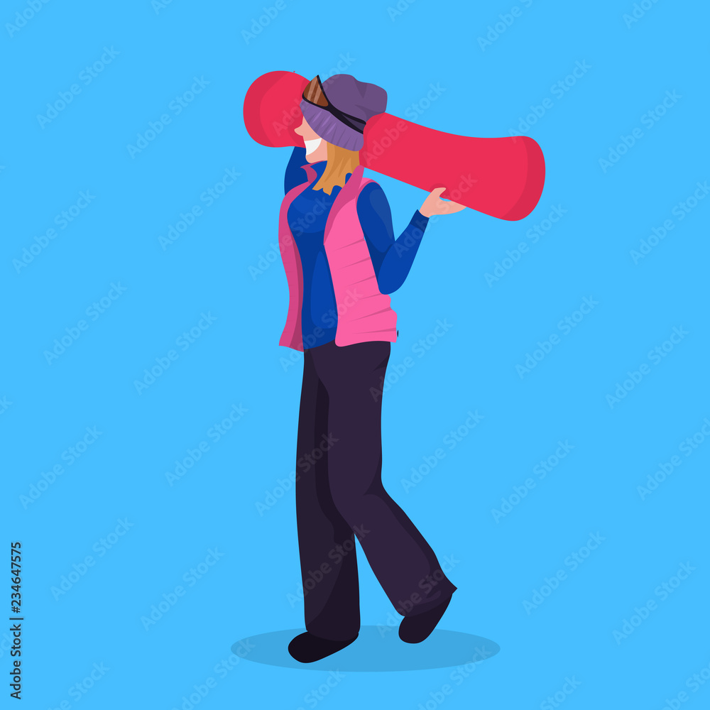 woman snowboarder holding snowboard winter vacation activity female cartoon character full length flat woman snowboarder holding snowboard winter vacation activity female cartoon character full length flat