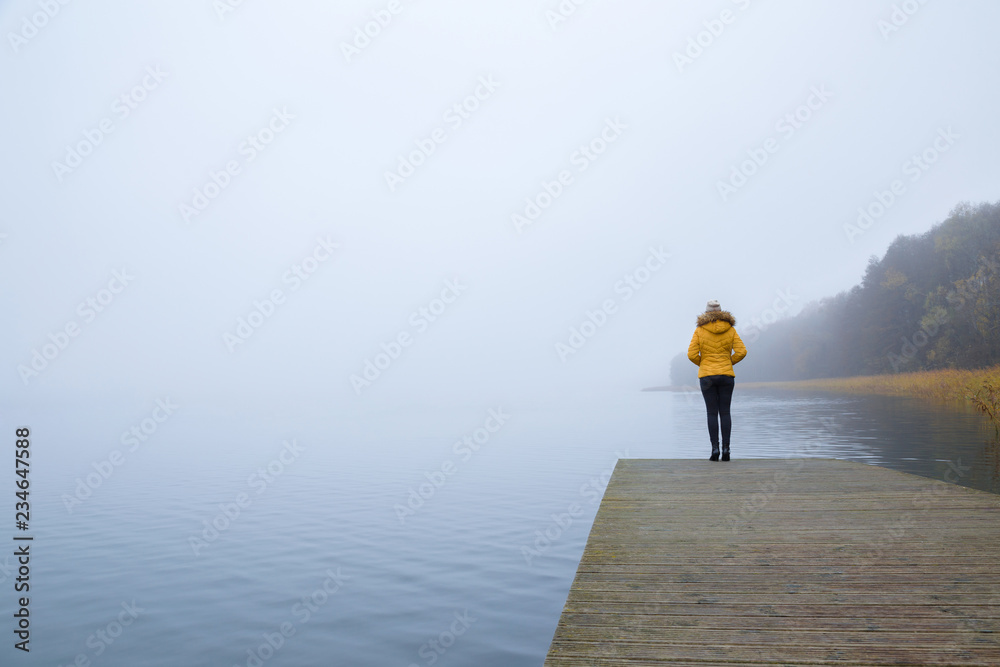 Young woman standing alone on edge of footbridge and staring at lake. Mist over water. Foggy air. Early chilly morning in late autumn. Peaceful atmosphere in nature. Back view. Empty place for text.