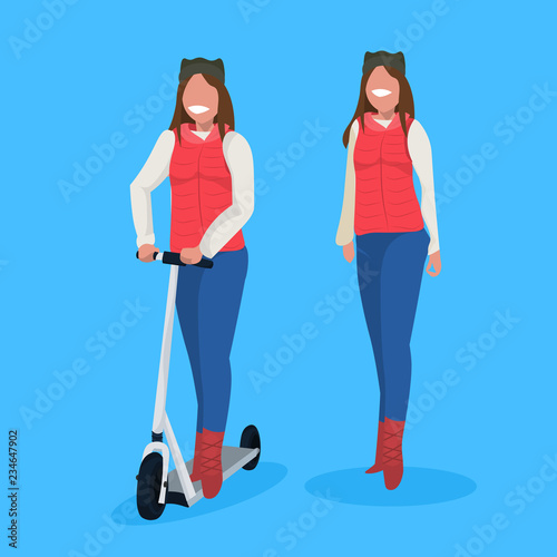 couple women standind together riding electric scooter winter vacation activity concept female cartoon character full length flat