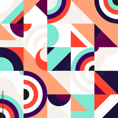 Abstract geometric patten of multicolored primitive shapes.