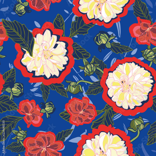 Japan inspired blue seamless vector pattern with cream dahlia and red outline. Surface pattern design.